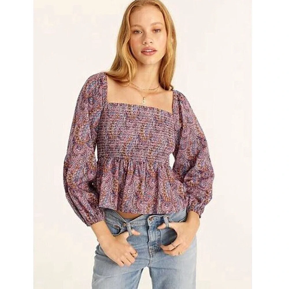 J. Crew Liberty Tropical Prince Paisley Print Smocked Top